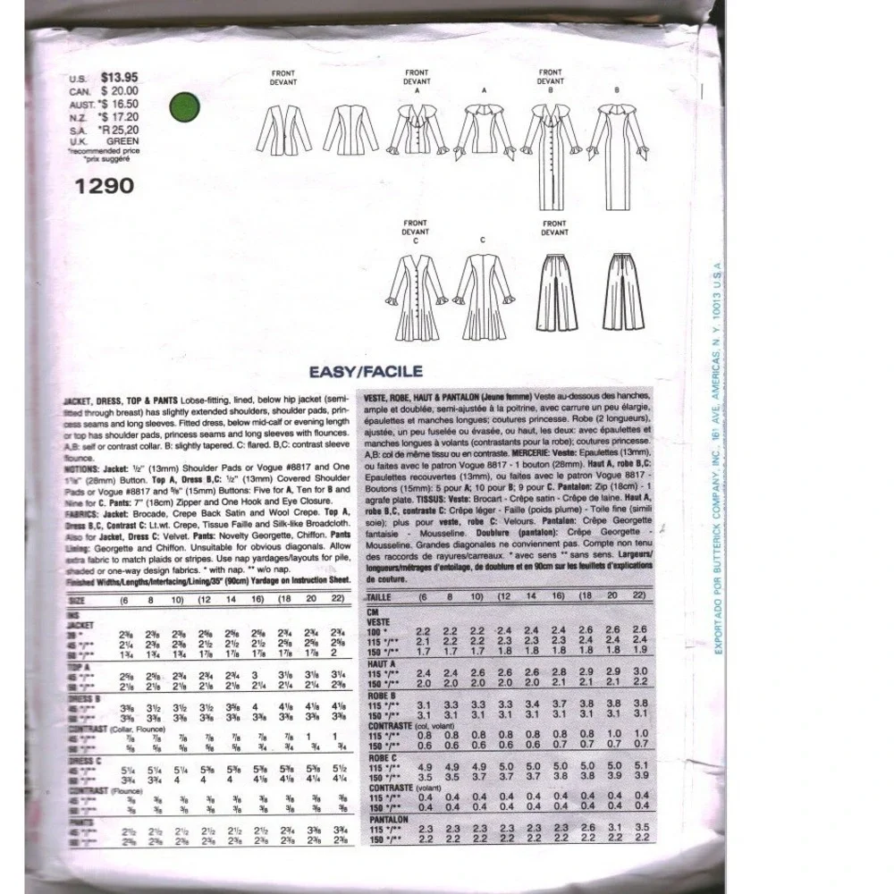 Vogue 1290 Sewing Pattern Jacket Dress Top Pants Size 6 8 10 Evening Wear